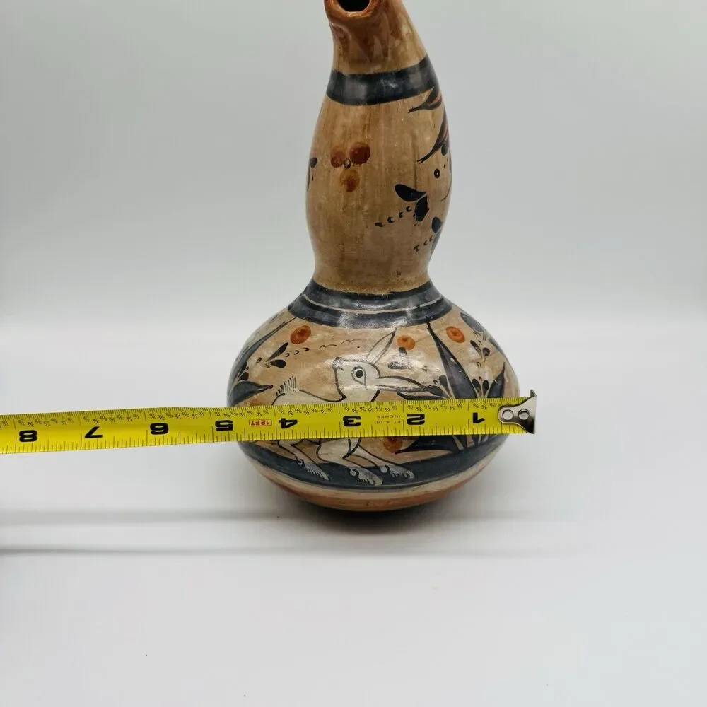 Vintage Tonala Mexican Folk Art Pottery Gourd Water Jug Burnished Clay Rabbit